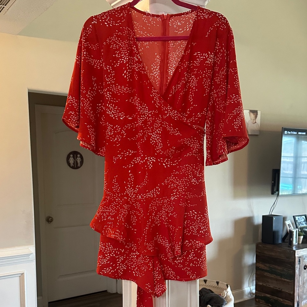 Red V-Neck Flutter Sleeve Dress
